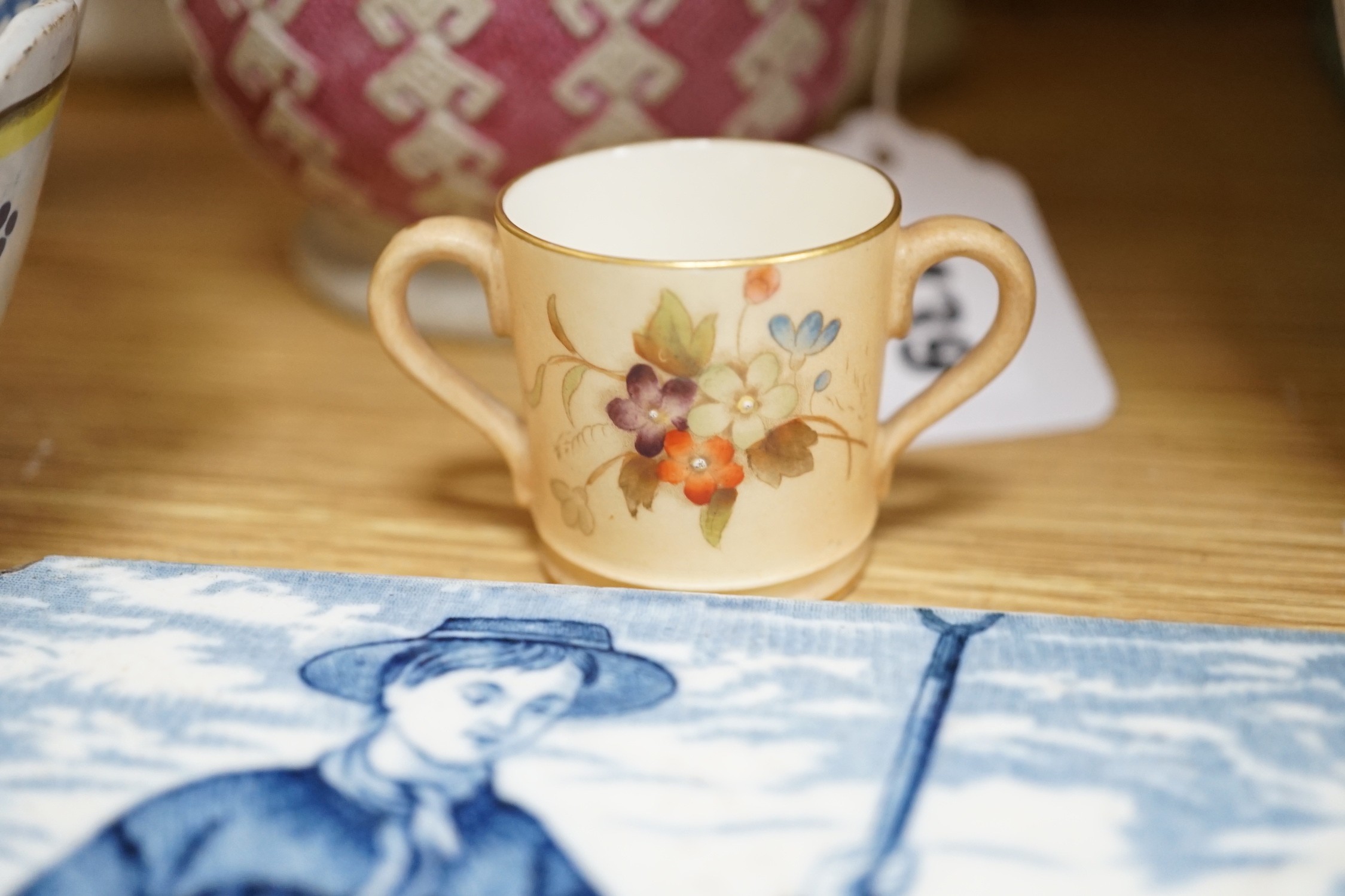 Two late 19th century Meissen waisted vases, 24.5cm one painted with a courting couple and flowers, the other with a floral bouquet together with a Wedgwood ‘June’ tile and other European ceramics